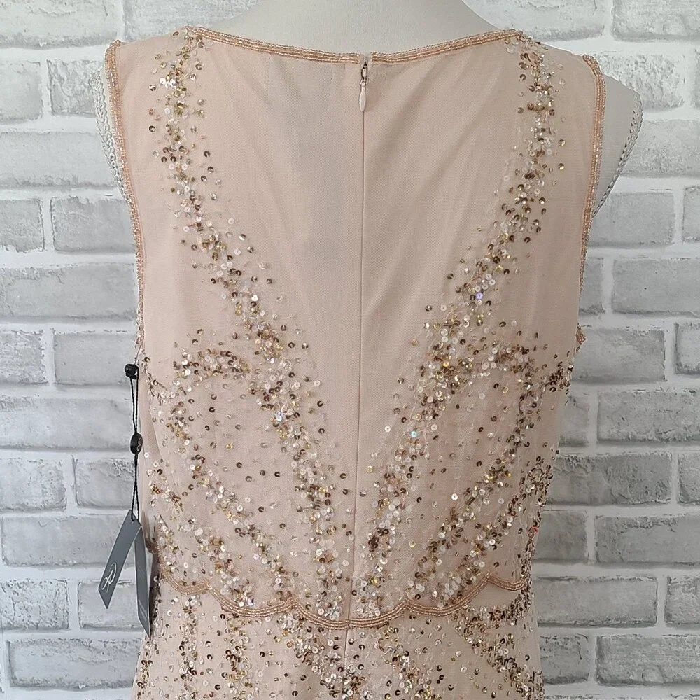 Adrianna Papell NWT Blush Beaded Art Deco Mesh V-Neck Cocktail Midi Dress 12